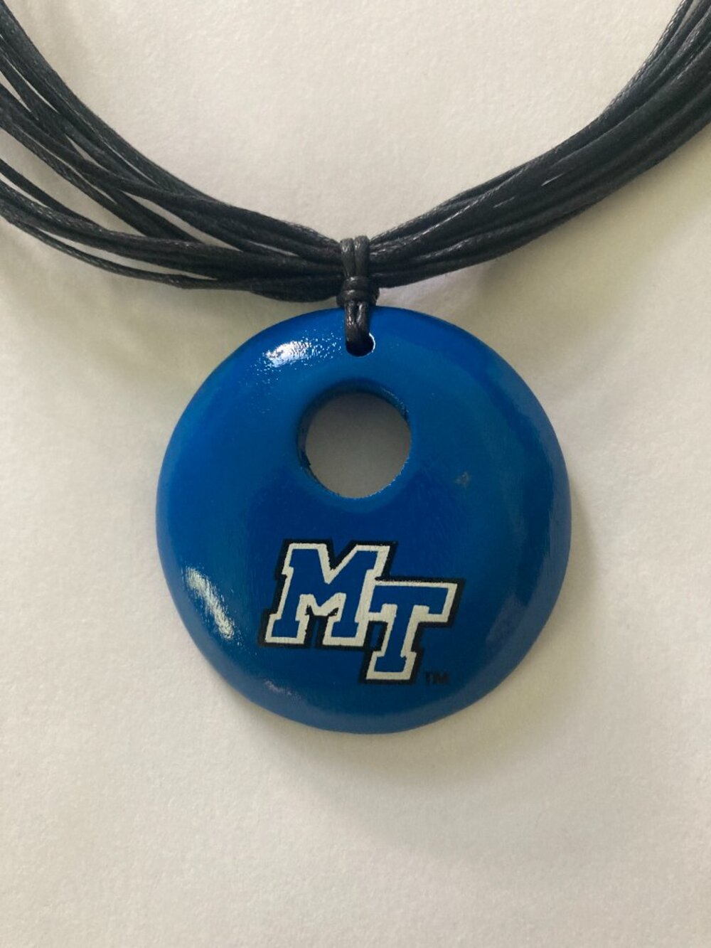 Middle Tennessee State Wooden Pendant on a Rope Necklace